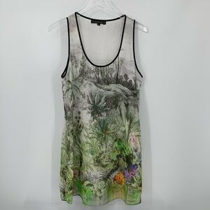 Johanne Beck sleeveless chiffon shift dress tropical floral outdoor scene Large